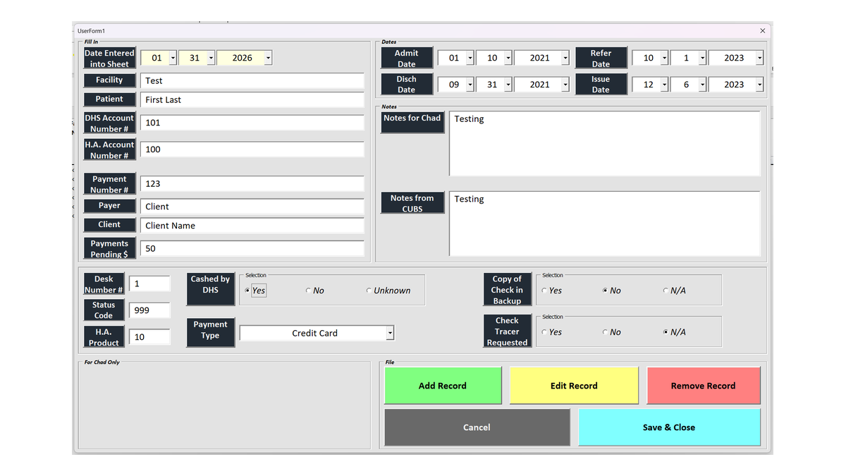 Preview image of the payment entry VBA interface.